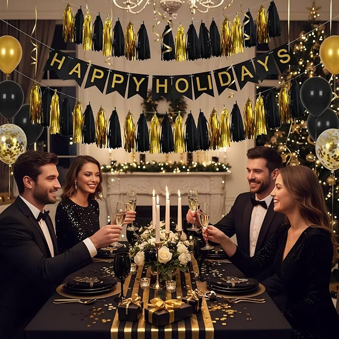 20Pcs Black and Gold Paper Tassel Garland,Tissue Tassel Banner for Graduation Masquerade New Year Farewell Retirement Party Decoration