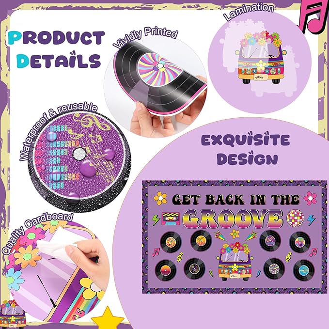 Pajean Groovy Music Bulletin Board Set Retro Record Classroom Decorations 80s 90s Disco Record Flower School Bus Cutouts with Purple Borders for Door Wall Chalkboard Decor Office Supplies