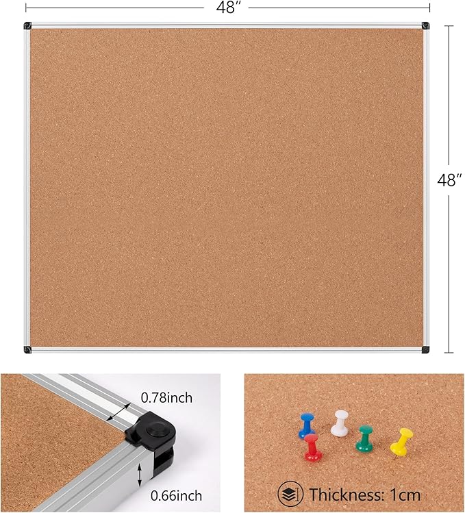 Extra Large Cork Bulletin Board 48" X 48", Silver Aluminum Framed 4'x4' Corkboard for Wall, Wall Mounted Notice Pin Board with 18 Push Pins for School, Home & Office