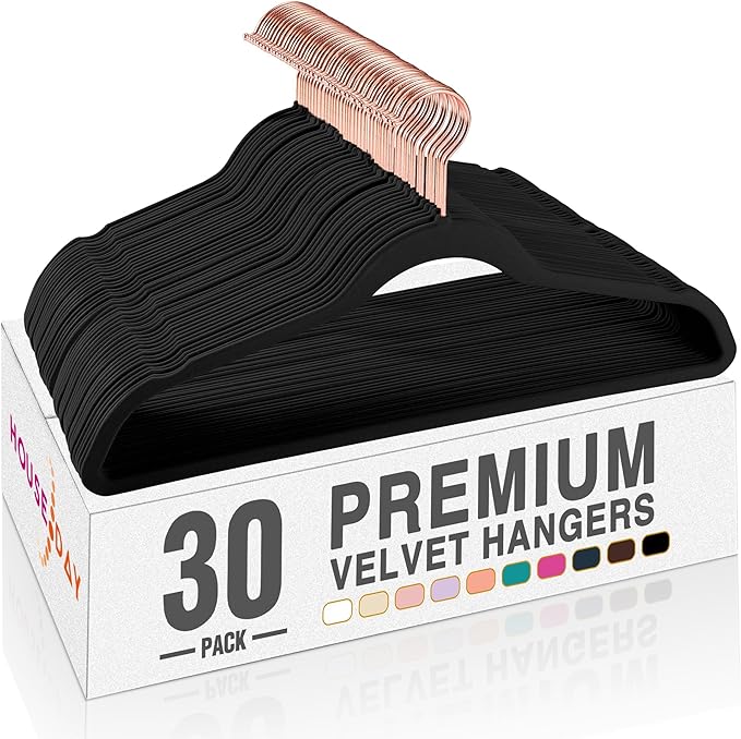 HOUSE DAY Velvet Hangers 30 Pack, Premium Non-Slip Felt Hangers, Sturdy Black Clothes Hanger Heavy Duty, Space Saving Durable Suit Coat Hanger, 360° Rotating Rose Gold Hook