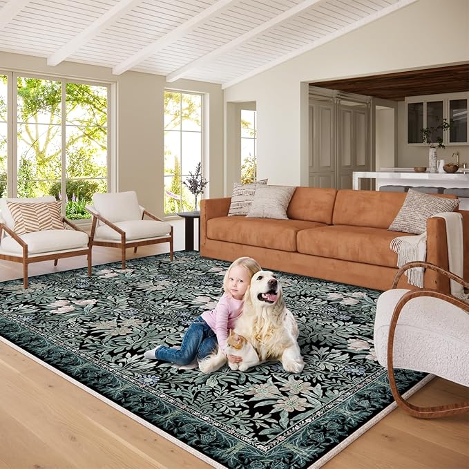 Washable Area Rugs 8x10 Black Green Vintage Floral Botanical Pattern,Perfect for Living Room, Bedroom, Kids Room, Nursery - Stain & Water Resistant Non-Slip, Pet & Child Friendly/Bedroom Decor