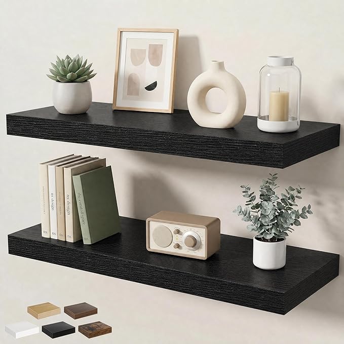 Floating Shelves for Wall 32 in x 9.3 in Deep, Wall Mounted Rustic Wood Shelf with Invisible Brackets for Storage & Display, Living Room Bedroom Bathroom, Black, 2 Pack