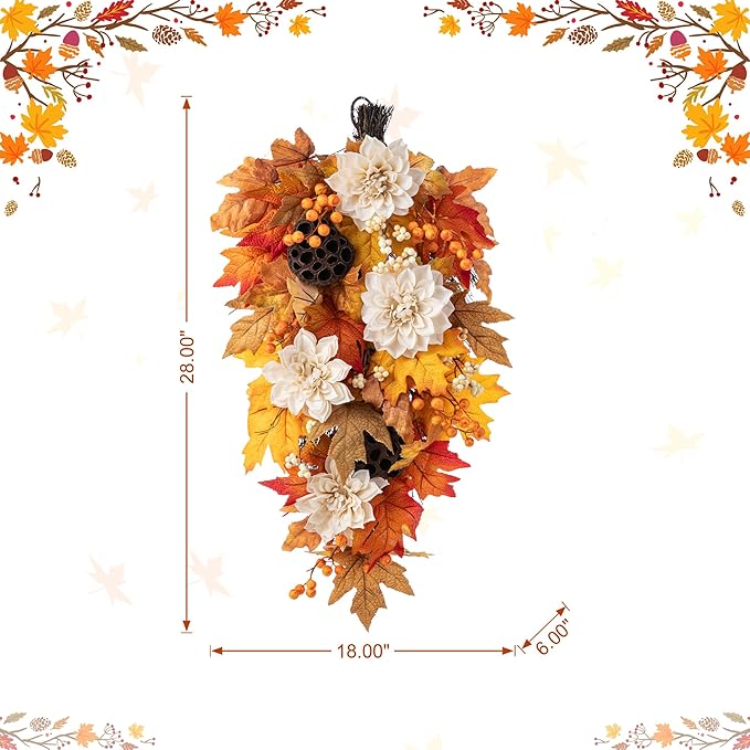 Glitzhome 2 Pcs Fall Teardrop Swags for Front Door, 28''H Autumn Swag with Lotus, Lotus Pod and Berry, Fall Swags for Front Door, Thanksgiving Harvest Festivals Decor