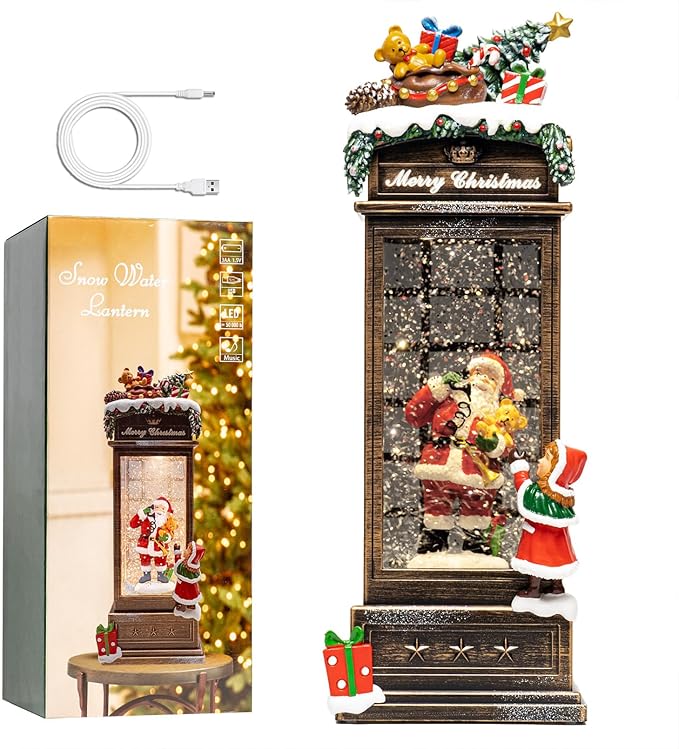 10" Christmas Snow Globe Lantern with Santa in Telephone Booth - Water Swirling Glitter Musical Box with Exterior Decor - Vintage Xmas Gifts - USB Plug or Battery Operated Home Decor (Santa Calling)