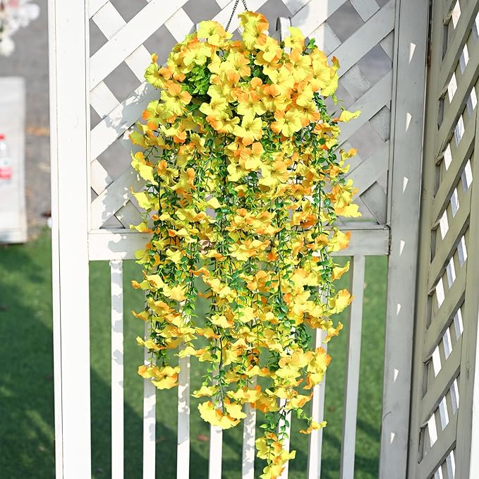 Waipfaru Artificial Petunias Flowers for Outdoors, 4 Pcs UV Resistant Fake Hanging Plants Spring Outside Decor, Faux Silk Flowers Long Trailing Vines for Outdoor Planters Porch Garden (Yellow)