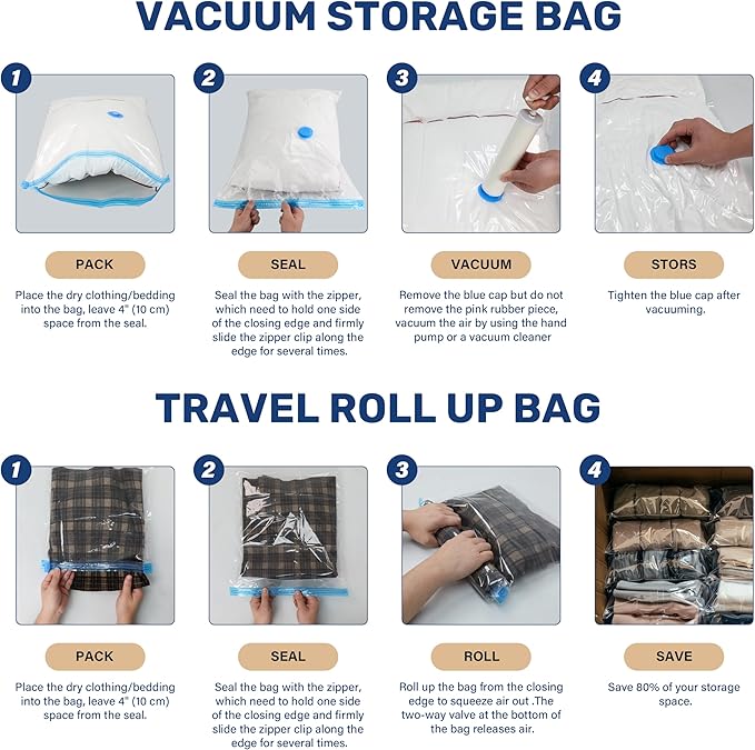 Simple Deluxe 25 Pack Space Saver Bags, Vacuum Storage Bags, Space Saver Bags for Comforters, Blankets, Bedding, Pillows and Clothes, Hand Pump Included(5 Jumbo/5 Large/5 Medium/5 Small/5 Roll M)