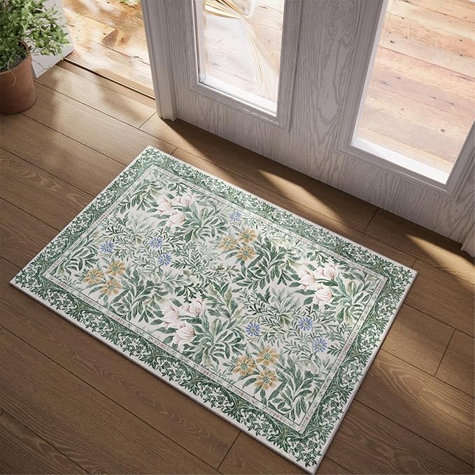 Botanical Floral Washable Entryway Area Rug 2x3 Light Green Cream Vintage Garden Design, Perfect for Soft Door Mat Indoor Entrance, Ultra-Thin Easy Clean Small Throw Carpet for Bedroom Bathroom