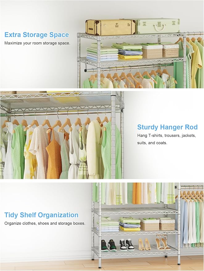 Ulif E11 Heavy-Duty Garment Rack, Metal Freestanding Clothes Rack and Closet Storage Organizer System with 8 Shelves and 4 Hanger Rods, (73.2-97.6)" W x 14.5" D x 71.2" H, Load 1034 LBS, Chrome