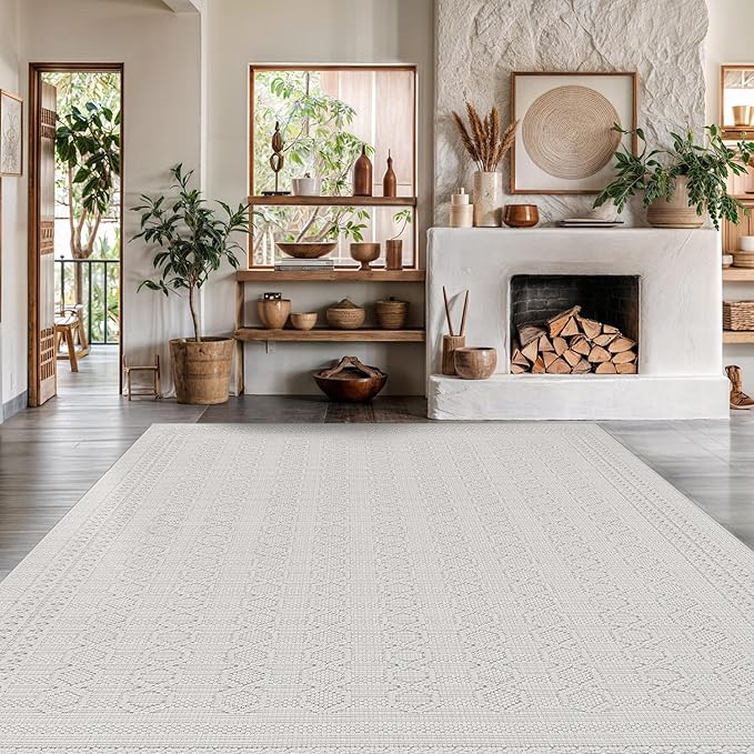 Micro Loop Indoor Rug White 8x10 Boho Geometric Neutral Area Rugs for Living Room Soft Luxury Modern Low and High Pile Durable Stain Resistant Non-Shedding Indoor Area Carpet 8 x 10