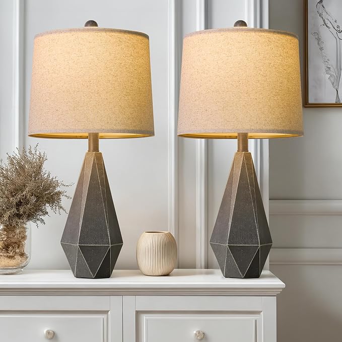 PoKat 23.5'' Farmhouse Table Lamps Set of 2, Rustic Nightstand Lamps for Bedroom, Classic Bedside Lamps for Living Room Office Sideboard with Linen Shade Distressed (Deep Grey)