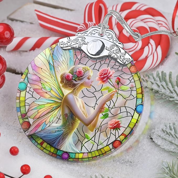 Jocidea Enchanting Fairy & Rose Stained Glass Hanging Decor - Christmas Tree Ornament - Gift for Women, Mom