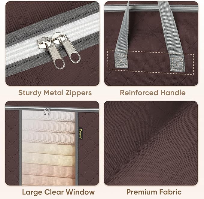 BALEINE 3 Pack Clothes Storage Bags, 16 Gallon Storage Containers with Reinforced Handle, Sturdy Zipper, Closet Organizer for Blanket, Comforter, Pillow, Bedding (Brown, 3 Pack)