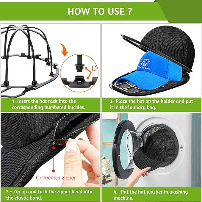 Eiito Hat Washer Cage,Hat Washing Machine with Frame Cage and Hat Washer Bag,Baseball Hat Washer,Suitable for Adult and Kid's 1-Pack Black
