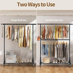 Luxspire Heavy Duty Clothes Rack Load 600 LBS, Double Rod Clothing Rack, Rolling Garment Racks with Lockable Wheels, Shelves, Adjustable Laundry Hanging Racks for Clothes, Black