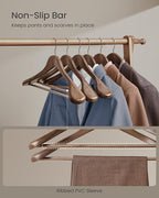 SONGMICS Extra Wide Wooden Suit Hangers, Set of 10 Clothes Hangers, Swivel Hooks, Non-Slip Bars, for Outfits, Suits, Coats, Shirts, Dresses, Walnut Color UCRW050KZ01