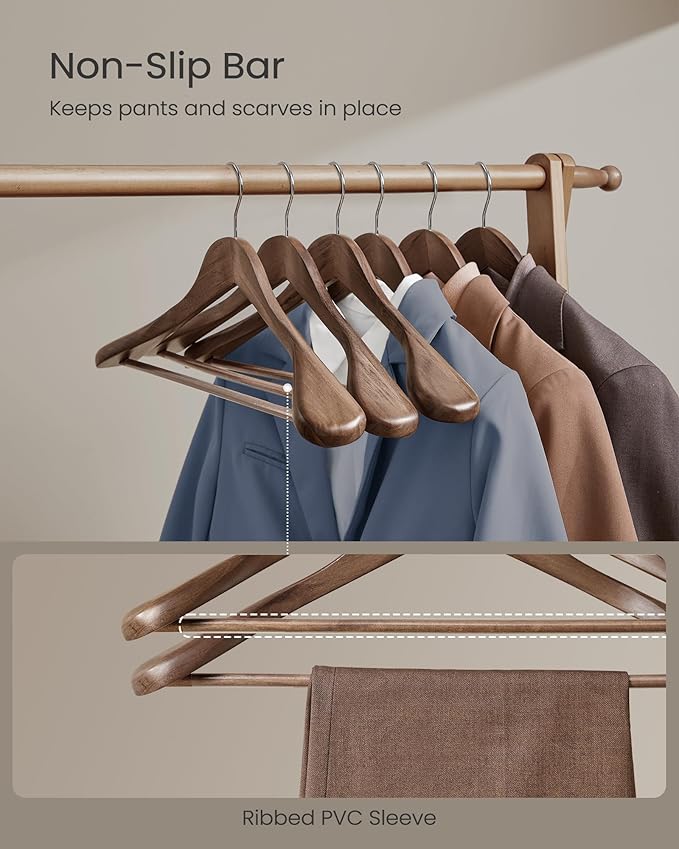 SONGMICS Extra Wide Wooden Suit Hangers, Set of 10 Clothes Hangers, Swivel Hooks, Non-Slip Bars, for Outfits, Suits, Coats, Shirts, Dresses, Walnut Color UCRW050KZ01