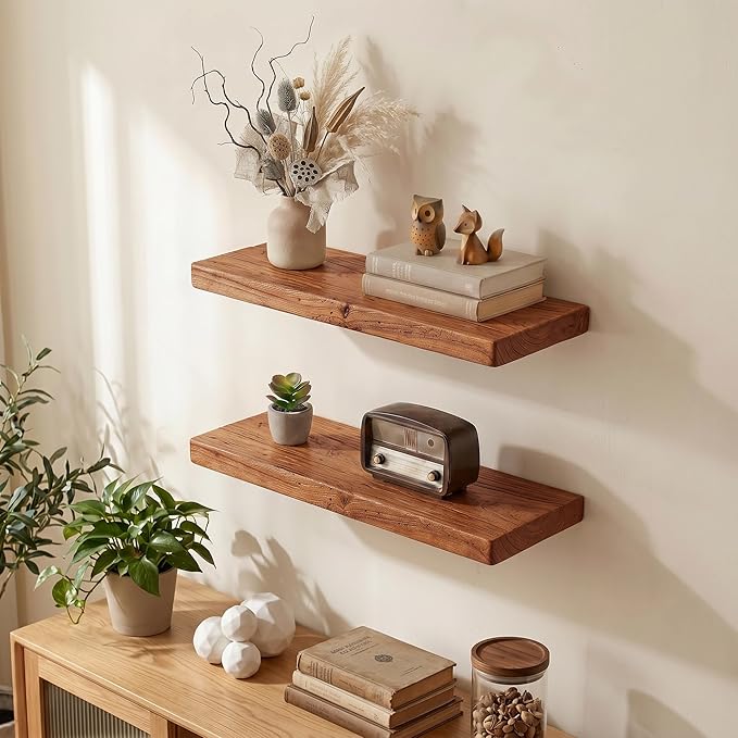 24 Inch Floating Shelves, Solid Wood Wall Shelves, 8 Inch Deep Floating Shelf – for Bathroom, Bedroom, Living Room, Kitchen, Home Decor & Storage, Heavy-Duty Wooden Shelf Wall-Mounted, Set of 2