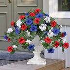 HyeFlora Artificial Flowers for Outdoors 2PCS Spring Faux Morning Glory Look Real Silk Flowers for Outside Planter UV Resistant Fake Flowers for Home Garden Balcony Yard Porch Deco (RedBlueWhite)