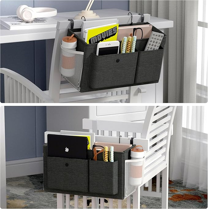 Edudif Bedside Caddy Bedside Organizer with Fixed Straps & Water Bottle Holder, Bunk Bed Caddy ideal for Home, Dorm, Hospital, Crib, Versatile Bedside Storage Solution