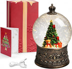 Christmas Tree Snow Globe Christmas Decorations Indoor Gifts Auto Snowfall Glitter Music Collection Teddy Bear Gift Box with 6H Timer USB/Battery Powered 105mm Globe