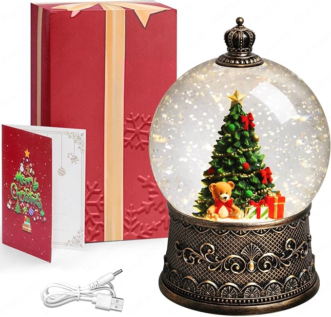 Christmas Tree Snow Globe Christmas Decorations Indoor Gifts Auto Snowfall Glitter Music Collection Teddy Bear Gift Box with 6H Timer USB/Battery Powered 105mm Globe