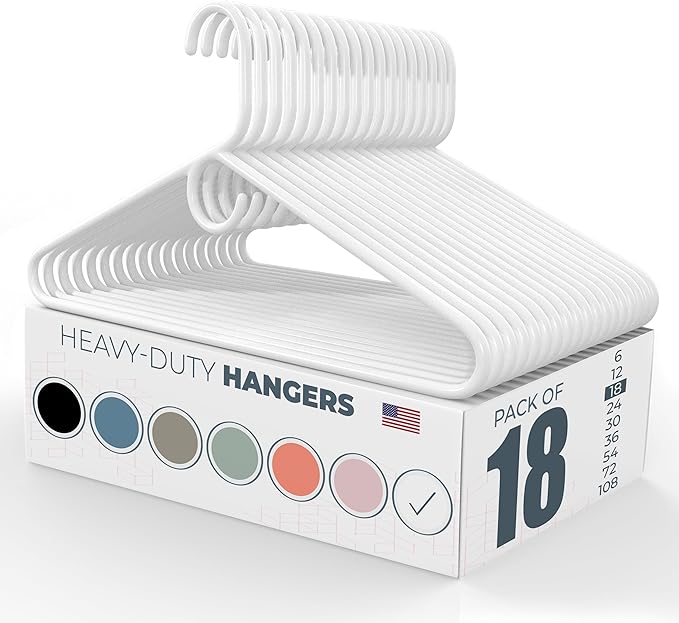 Neaties Heavy Duty Clothes Hangers 18 Pack – Made in the USA – 8lb Capacity Plastic Hangers for Adult Clothing – Durable for Pants, Coats, Jackets, or Jeans – White