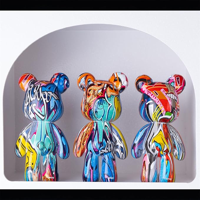 Graffiti Bear Statue, Resin Animal Sculpture Home Decor, Art Figurine Home Ornament Decoration for Office, Living Room, Bedroom, Book Shelf, TV Cabinet, Desktop
