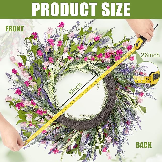 Artgar 26 Inch Spring Wreaths for Front Door, Spring Summer Lavender Paper Flower Wreaths for Home Farmhouse Windows Walls Porch Wedding Indoor Outdoor Decor for All Seasons (Pink)