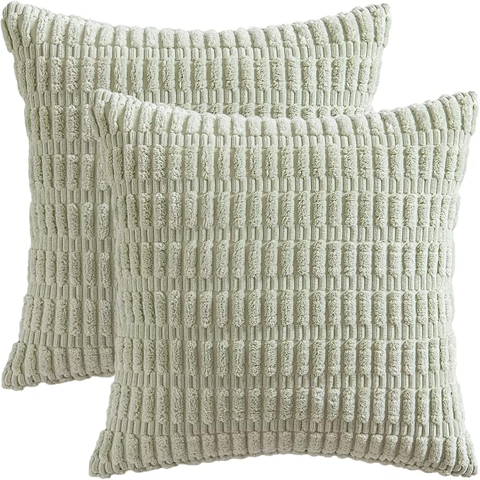 MIULEE Pack of 2 Spring Corduroy Decorative Throw Pillow Covers 18x18 Inch Soft Boho Striped Pillow Covers Modern Farmhouse Home Decor for Summer Sofa Living Room Couch Bed Light Green