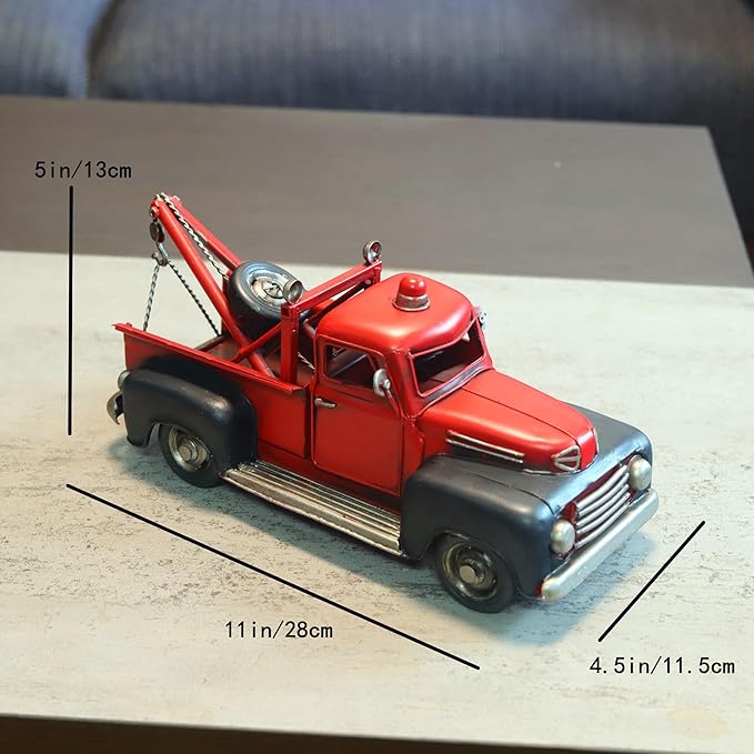 Vintage Red Tow Truck Decor Model, Classic Retro Metal Wrecker Truck Figurine, Distressed Rustic Collectible Sculpture for Home Office Shelf Desk Tabletop Decor