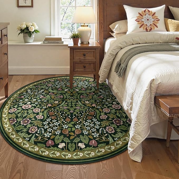 Moynesa Floral Round Rugs 6ft, Boho Green Round Living Room Area Rug, Washable Large Soft Circle Rug for Bedroom, Non Slip Ultra Thin Floor Carpet for Dining Room Guest Room, Green