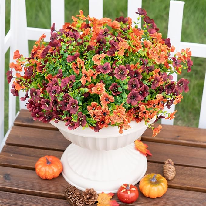 Artificial Faux Mums Flowers Plants for Outdoors Outside Fall Autumn Decoration,12 Bundles Realistic Fake Flowers Plant Greenery Silk Daisy UV Resistant Planters Porch Patio Garden（Orange Burgundy）