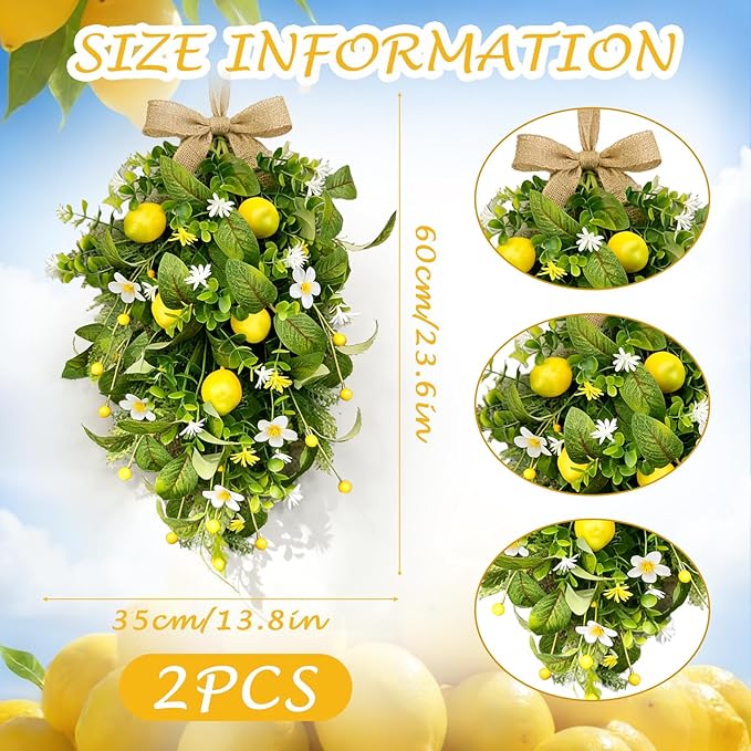 2 Pack 22'' Lemon Swag Wreaths for Cabinets Spring Summer Teardrop Wreath with White Daisy Flowers Artificial Lemon Teardrop Wreath with Bow for Farmhouse Front Door Porch Window Wall Hanging Decor