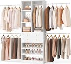 Closet System, 4.2–8.8 FT Closet Organizer with 2 Wooden Drawers and Shelves, Walk-in Closet System with 5 Hang Rods, Built-in Reach in Closet Tower, Can Fit 60 to 96 inch, White