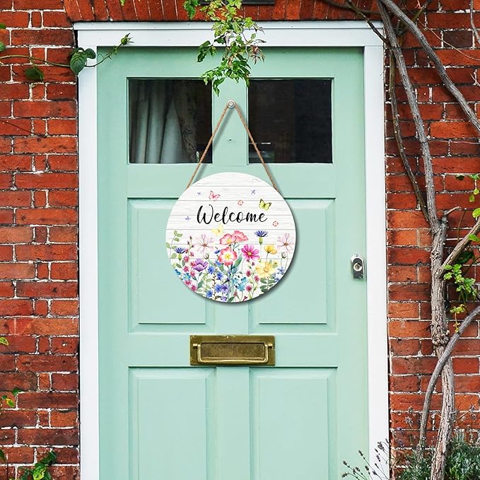 Summer Wildflowers Welcome Sign for Front Door Spring Summer Decorations Welcome Door Hanger Sign Floral Butterfly Wooden Wreath Seasonal Farmhouse Wreaths for Wall Front Door Porch 12"x12"