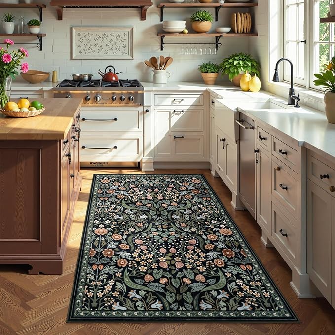 Moynesa Floral Area Rugs 4x6, Boho Washable Living Room Rugs, Non Slip Soft Rugs for Bedroom, Botanical Ultra Thin Entryway Throw Carpet for Kitchen Dorm Bathroom, Black