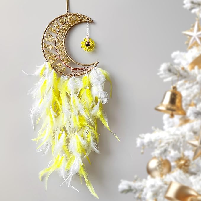 Moon Dream Catchers with Chakra Gemstone Agate Stone, Wealth Luck Crystal Tree Life Dream Catchers Wall Hangings Room Decor(Yellow)