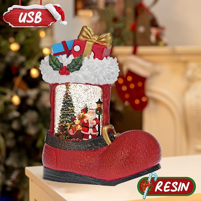 Christmas Snow Globe with Santa Claus Gifts - Lighted Musical Snow Globe Christmas Decorations with Timer, Swirling Glitter, Battery/USB Powered, Holiday Decor(Santa Claus Boots)