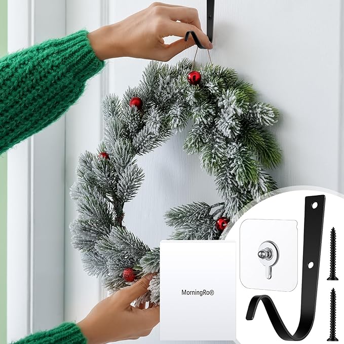 MorningRo 4 Set Large Front Door Garland Hanger Heavy Duty Cast Iron 33 lb Door Garland Hanger Self Adhesive Hook No Nails Screws for Christmas Halloween Decorations(Black)