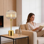 QiMH Glass Table Lamp for Living Room, Modern Bedside Lamp with Clear Ribbed Glass Shade, 3-Way Dimmable Touch Control Nightstand Lamp for Bedroom, Brushed Gold (2700K LED Bulb Included)