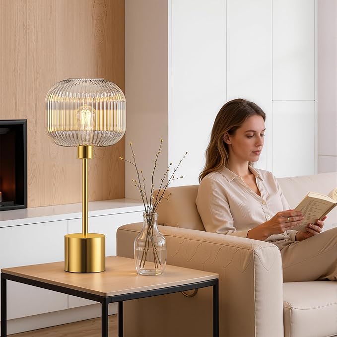 QiMH Glass Table Lamp for Living Room, Modern Bedside Lamp with Clear Ribbed Glass Shade, 3-Way Dimmable Touch Control Nightstand Lamp for Bedroom, Brushed Gold (2700K LED Bulb Included)