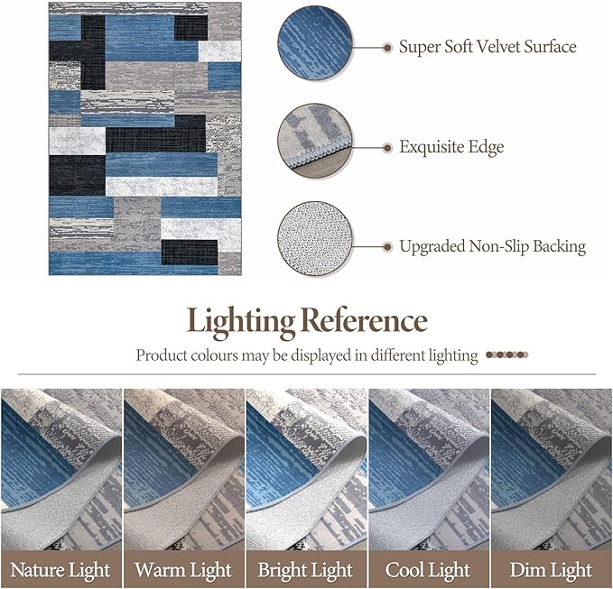 FlyDOIT Modern Geometric Patchwork Area Rug, 5x8 Blue Large Rugs for Living Room, Rockwood Collection Indoor Rugs for Bedroom, Throw Carpet Floor Decor for Entryway Dining Room Office Nursery