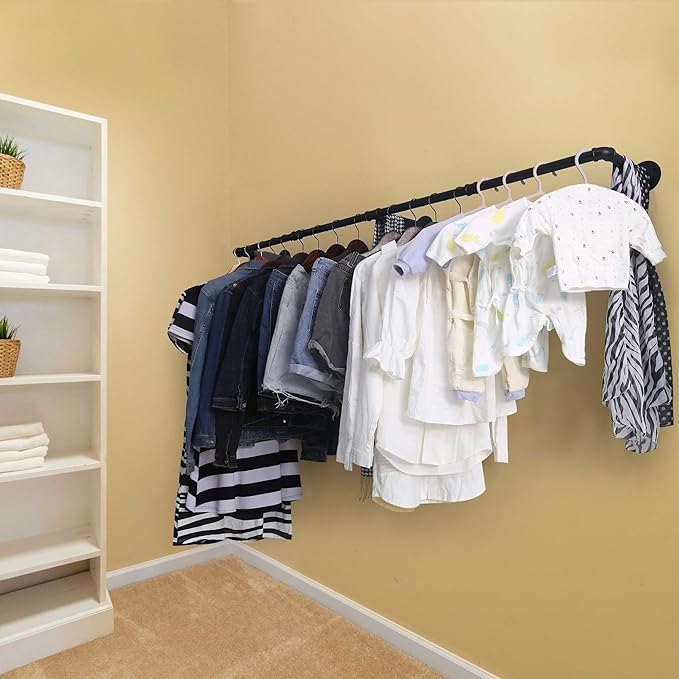 WEBI Clothing Rack Wall Mount,65" Industrial Pipe Clothes Rack for Hanging,Heavy Duty Iron Garment Bar,Retail Display Clothes Rod for Closet,Laundry Room,Black
