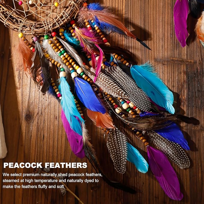Dream Catcher Native American Boho Dreamcatcher Rattan Wall Decor, Handmade Natural Peacock Feathers Purple Colorful Beaded Hanging Ornament Indian Decor for Girls Bedroom(Purple Peacock Feather)