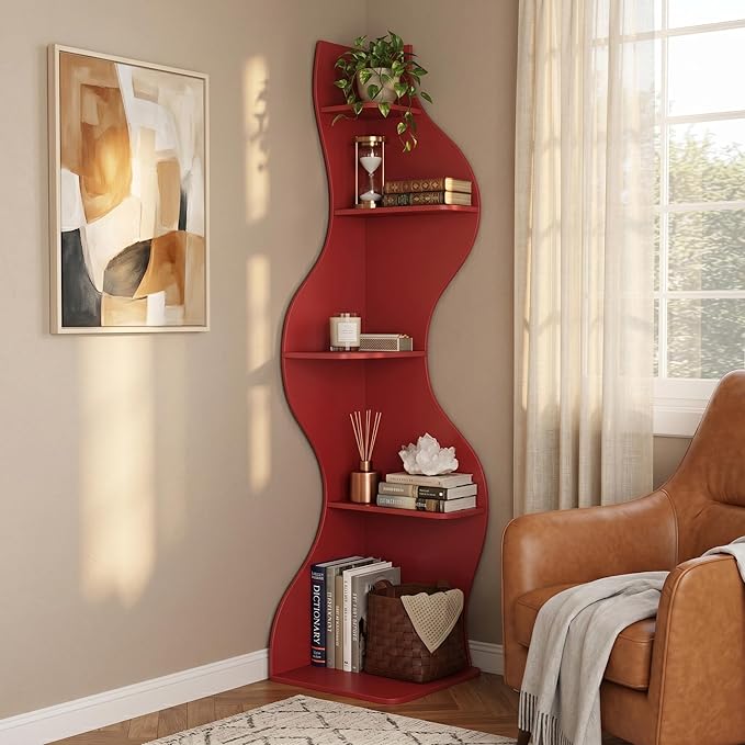 YOWOS Modern Corner Bookshelf, 5 Tier Tall Corner Shelf for Small Spaces, Wavy Corner Bookcase with Storage, Wooden Display Shelf for Plants, Books, and Decor, Multiple Colors & Sizes (Red, Large)