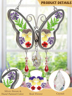 KY&BOSAM Butterfly Suncatchers Gifts for Mom Family Friends Stained Glass Suncatchers for Windows Hangings Wind Chimes Real Flower Colorful Crystal Outdoor for Garden Indoor Home Trees Party Decor