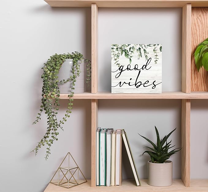 SRADMO Botanical Eucalyptus Leaves Wood Box Sign Desk Decor, Rustic Eucalyptus Leaves Wooden Block Box Sign Decoration For Home Shelf Table Office Decor 6x6 inches