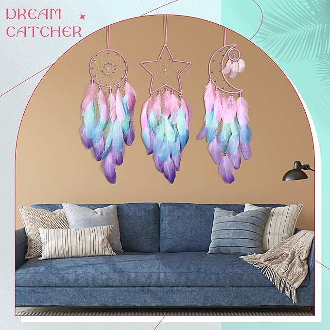 Jetec 3 Pcs Dream Catcher Moon Sun Star Design Handmade Traditional Design Craft Ornament Wall Art Hanging Home Decoration Bedroom Wedding(Macaron Color)