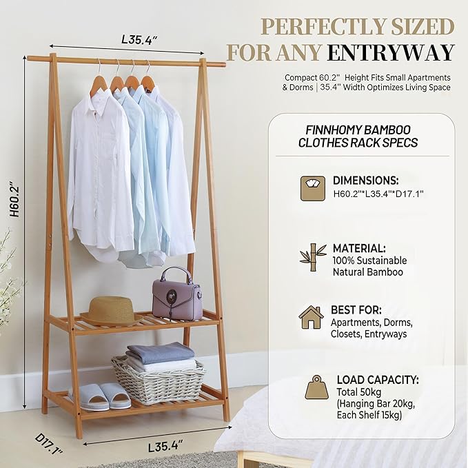 Finnhomy Bamboo Clothes Rack Portable Extra Large Garment Rack 2-Tire Storage Box Shelves For Entryway and Bed Room Patented Design