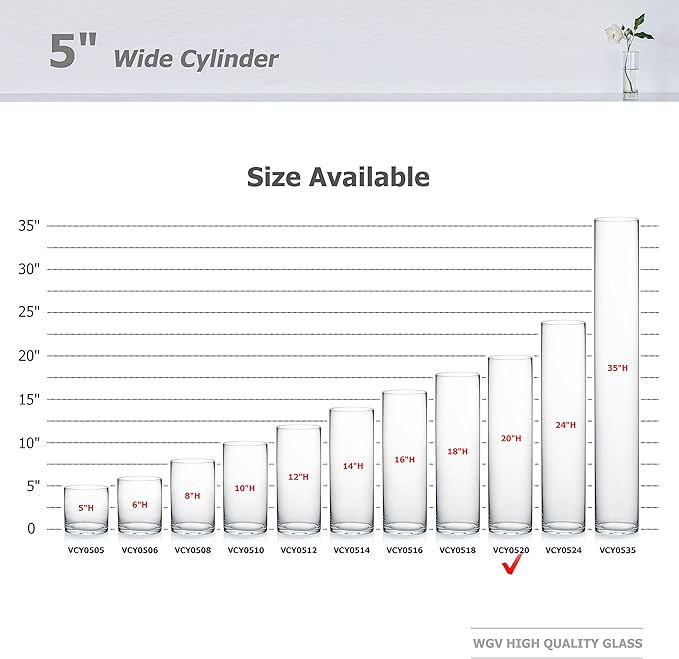 WGV Cylinder Vase, Diameter 5", Height 20", Clear Glass Floral Planter Container, Tall Centerpiece Arrangement for Wedding Party Event Home Office Decor, 1 Piece